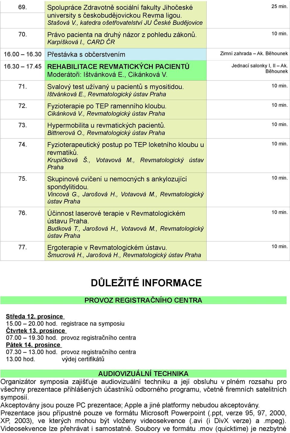 45 REHABILITACE REVMATICKÝCH PACIENTŮ Moderátoři: Ištvánková E., Cikánková V. 71. Svalový test užívaný u pacientů s myositidou. Ištvánková E., Revmatologický ústav Praha 72.