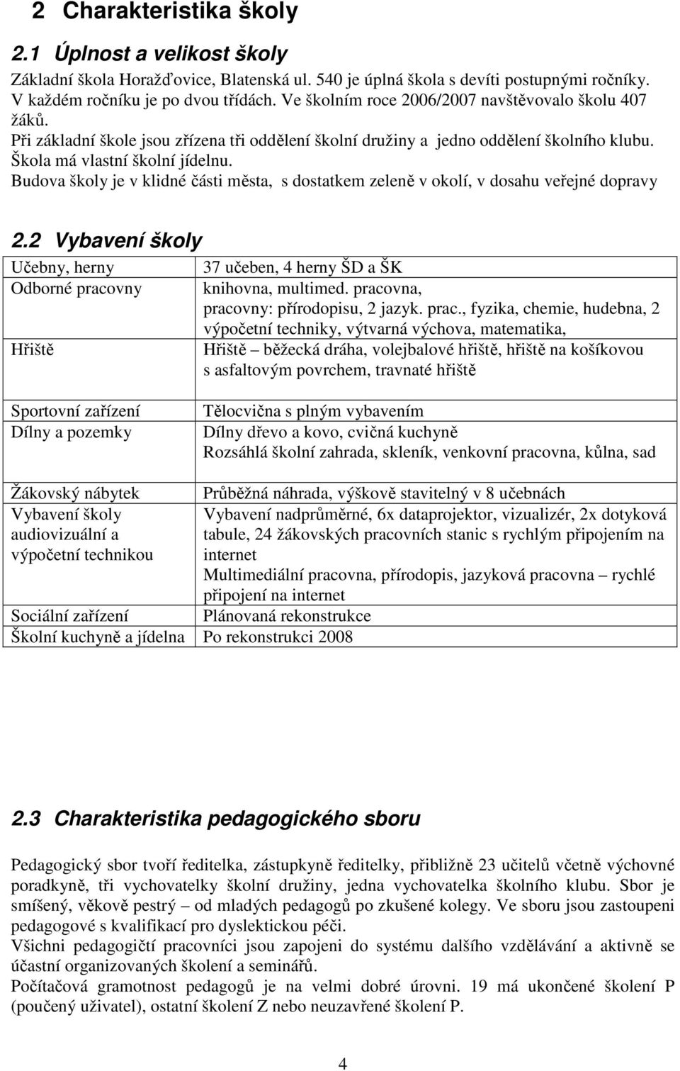 Budova školy je v klidné části města, s dostatkem zeleně v okolí, v dosahu veřejné dopravy 2.2 Vybavení školy Učebny, herny Odborné pracovny Hřiště 37 učeben, 4 herny ŠD a ŠK knihovna, multimed.