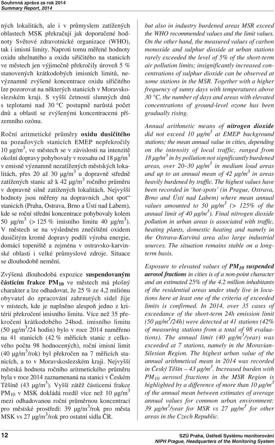Naproti tomu měřené hodnoty oxidu uhelnatého a oxidu siřičitého na stanicích ve městech jen výjimečně překročily úroveň 5 % stanovených krátkodobých imisních limitů, nevýznamně zvýšené koncentrace