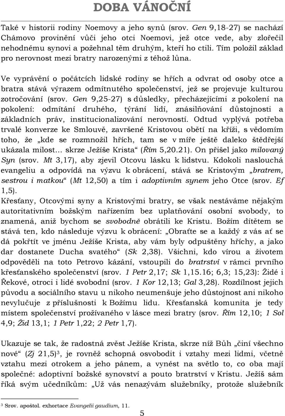 Ve vyprávění o počátcích lidské rodiny se hřích a odvrat od osoby otce a bratra stává výrazem odmítnutého společenství, jež se projevuje kulturou zotročování (srov.