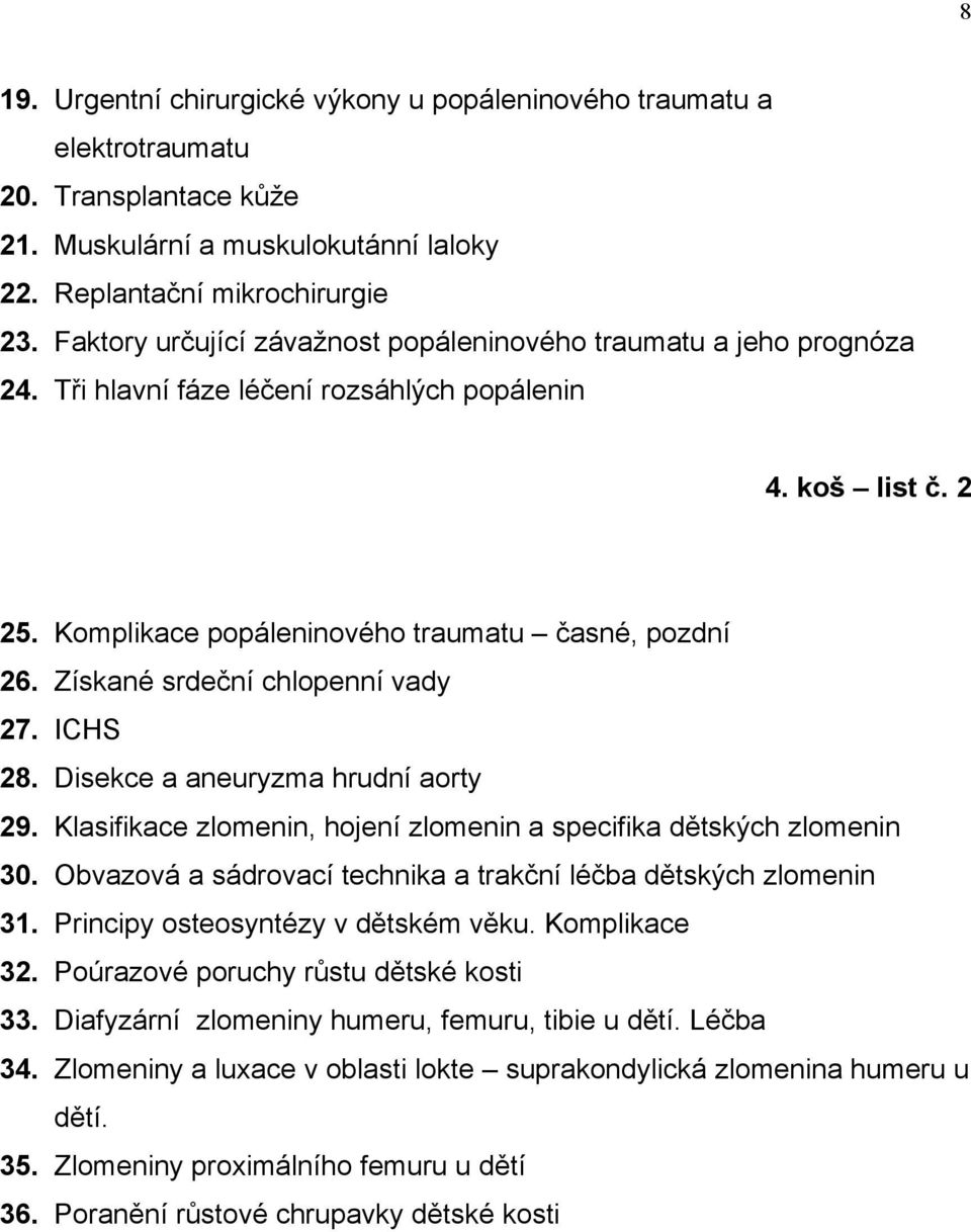 Získané srdeční chlopenní vady 27. ICHS 28. Disekce a aneuryzma hrudní aorty 29. Klasifikace zlomenin, hojení zlomenin a specifika dětských zlomenin 30.