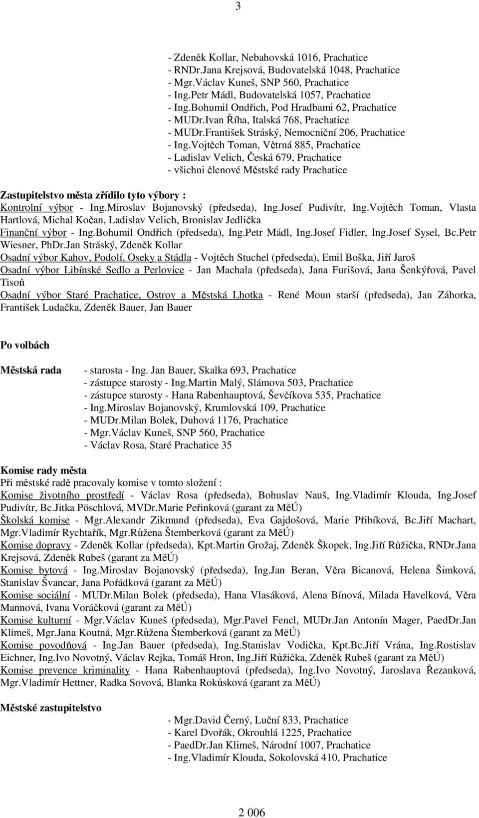 Vojtěch Toman, Větrná 885, Prachatice - Ladislav Velich, Česká 679, Prachatice - všichni členové Městské rady Prachatice Zastupitelstvo města zřídilo tyto výbory : Kontrolní výbor - Ing.