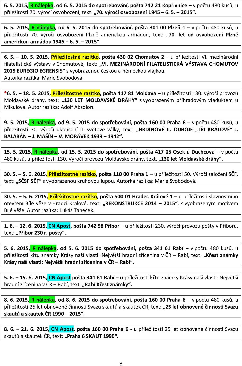 mezinárodní filatelistické výstavy v Chomutově, text: VI. MEZINÁRODNÍ FILATELISTICKÁ VÝSTAVA CHOMUTOV 2015 EUREGIO EGRENSIS s vyobrazenou českou a německou vlajkou. Autorka razítka: Marie Svobodová.