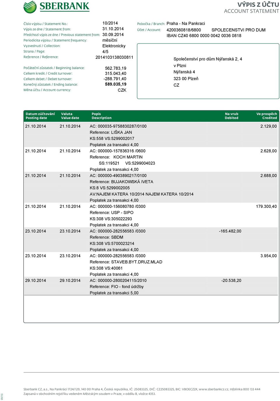 Reference: SBDM KS:308 VS:5700023214 AC: 000000-282556583 /0300 Reference: STAVEB.BYT.DRUZ.MLAD KS:308 VS:40061 AC: 000000-2800204115/2010 Reference: FIO - fond údržby Poplatek za transakci 5,00 2.