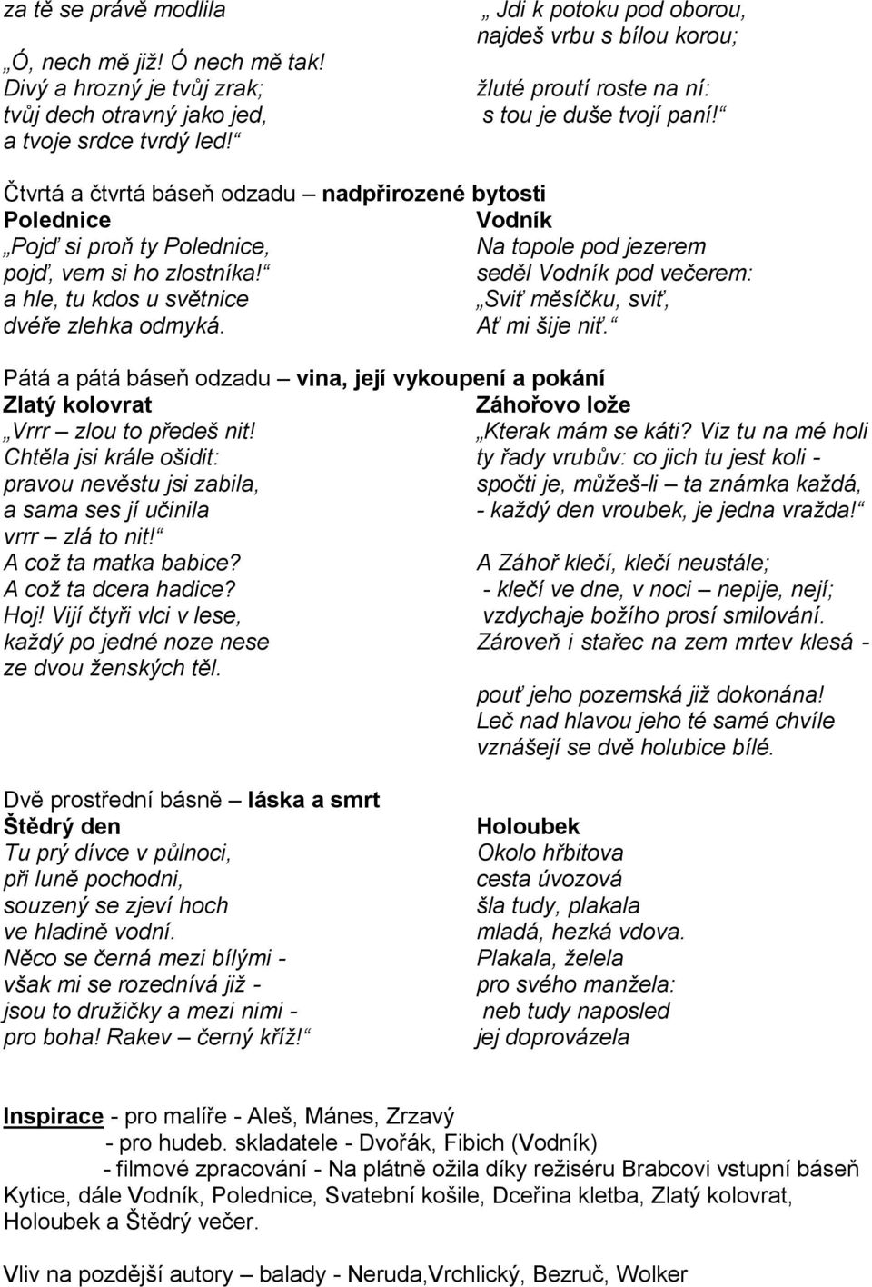 Čtvrtá a čtvrtá báseň odzadu nadpřirozené bytosti Polednice Vodník Pojď si proň ty Polednice, Na topole pod jezerem pojď, vem si ho zlostníka!