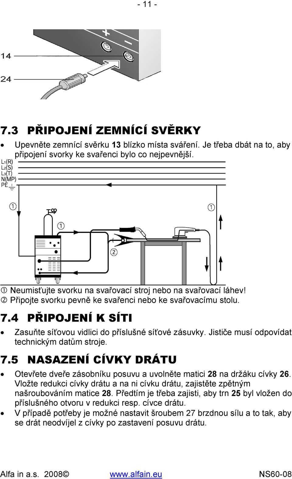 4 PŘIPOJENÍ K SÍTI Zasuňte síťovou vidlici do příslušné síťové zásuvky. Jističe musí odpovídat technickým datům stroje. 7.