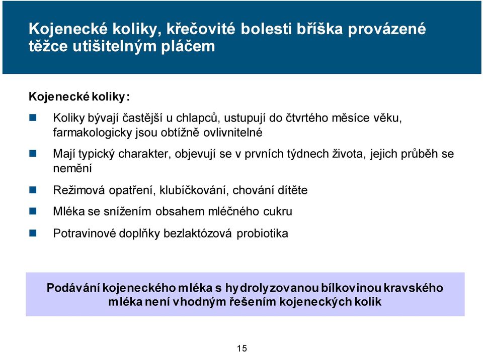 života, jejich průběh se nemění Režimová opatření, klubíčkování, chování dítěte Mléka se snížením obsahem mléčného cukru Potravinové