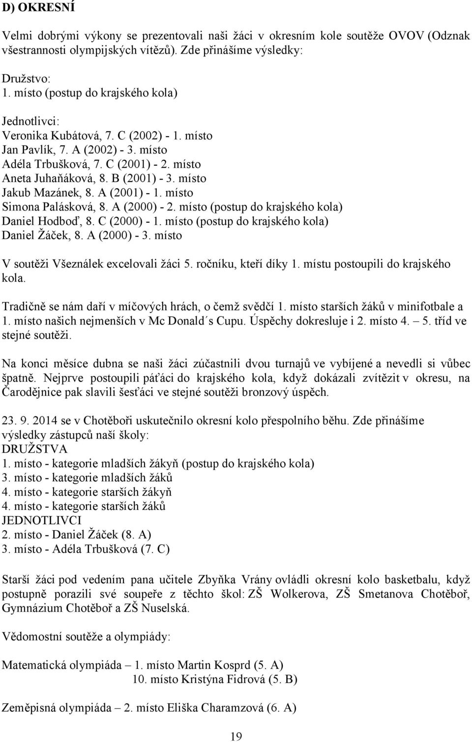 místo Jakub Mazánek, 8. A (2001) - 1. místo Simona Palásková, 8. A (2000) - 2. místo (postup do krajského kola) Daniel Hodboď, 8. C (2000) - 1. místo (postup do krajského kola) Daniel Žáček, 8.