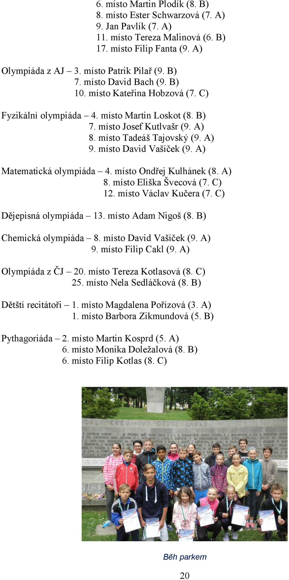 A) Matematická olympiáda 4. místo Ondřej Kulhánek (8. A) 8. místo Eliška Švecová (7. C) 12. místo Václav Kučera (7. C) Dějepisná olympiáda 13. místo Adam Nigoš (8. B) Chemická olympiáda 8.