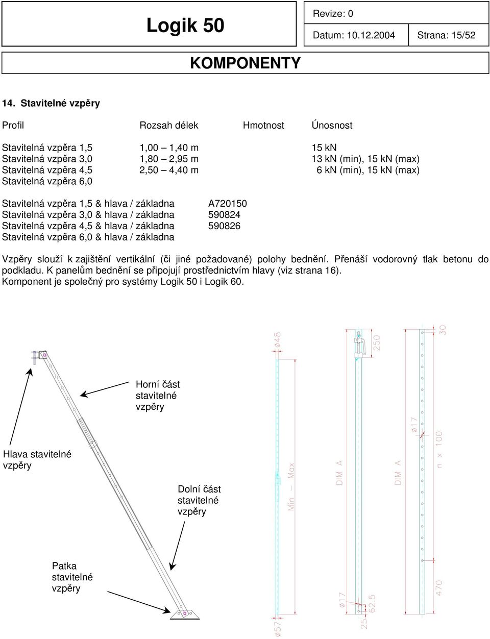 (min), 15 kn (max) Stavitelná vzpěra 6,0 Stavitelná vzpěra 1,5 & hlava / základna A720150 Stavitelná vzpěra 3,0 & hlava / základna 590824 Stavitelná vzpěra 4,5 & hlava / základna 590826 Stavitelná