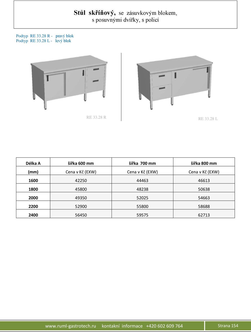 28 L Délka A šířka 600 mm šířka 700 mm šířka 800 mm 1600 42250 44463 46613 1800 45800 48238