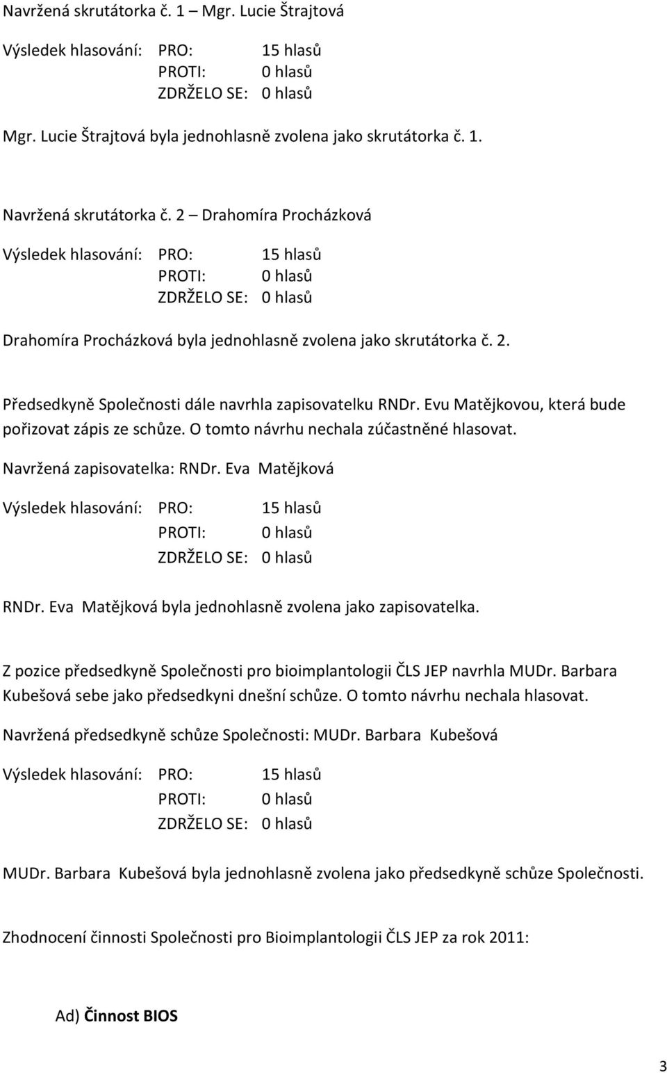 Evu Matějkovou, která bude pořizovat zápis ze schůze. O tomto návrhu nechala zúčastněné hlasovat. Navržená zapisovatelka: RNDr. Eva Matějková RNDr.