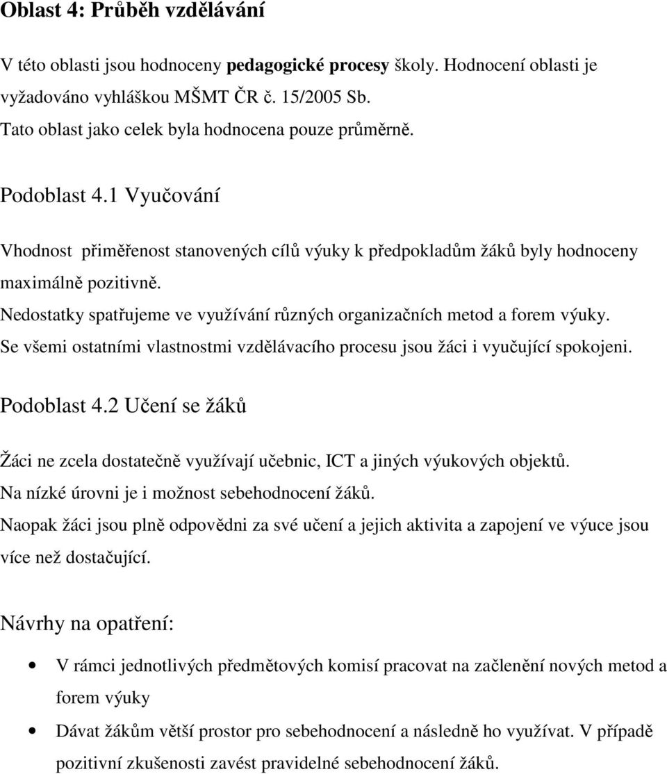 Nedostatky spatřujeme ve využívání různých organizačních metod a forem výuky. Se všemi ostatními vlastnostmi vzdělávacího procesu jsou žáci i vyučující spokojeni. Podoblast 4.