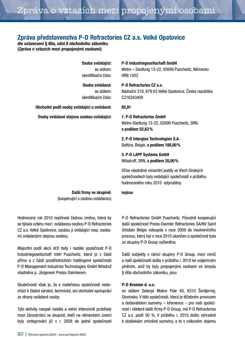 1052 Osoba ovládaná: se sídlem: identifikační číslo: P-D Refractories CZ a.s. Nádražní 218, 679 63 Velké Opatovice, Česká republika CZ16343409 Obchodní podíl osoby ovládající u ovládané: 85,91 Osoby ovládané stejnou osobou ovládající: 1.