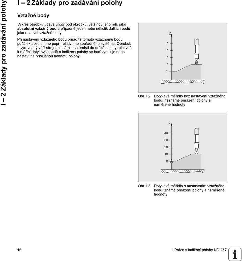 Obrobek vyrovnaný vůči strojním osám se umístí do určité polohy relativně k měřící dotykové sondě a indikace polohy se buď vynuluje nebo nastaví na příslušnou hodnotu polohy. Obr. I.2?