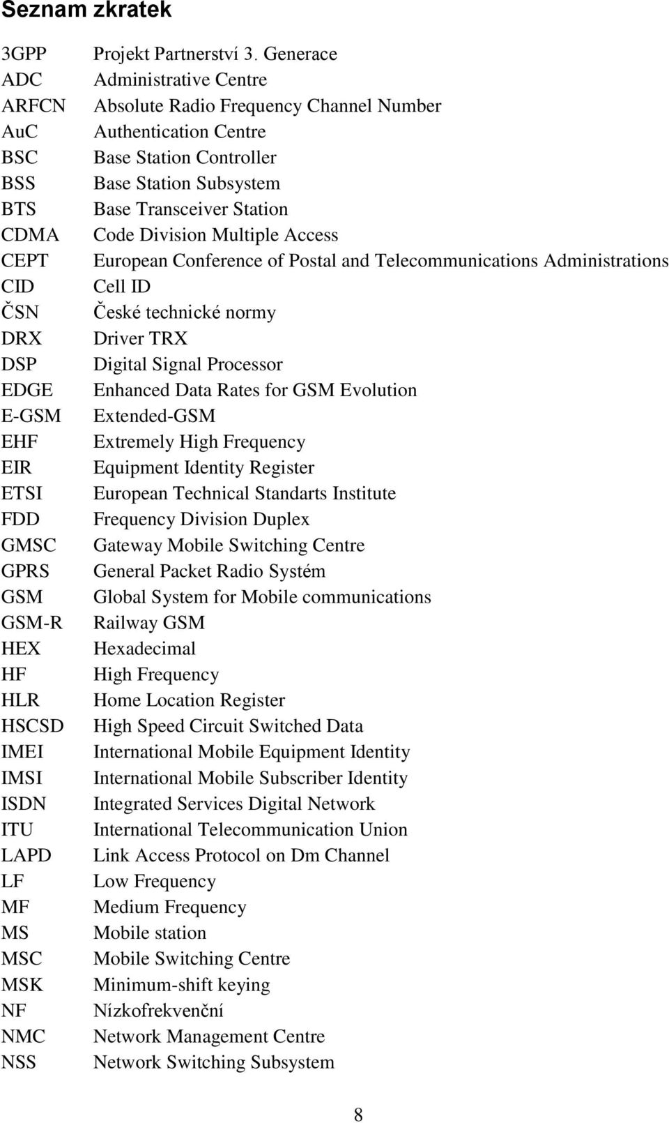 Generace Administrative Centre Absolute Radio Frequency Channel Number Authentication Centre Base Station Controller Base Station Subsystem Base Transceiver Station Code Division Multiple Access