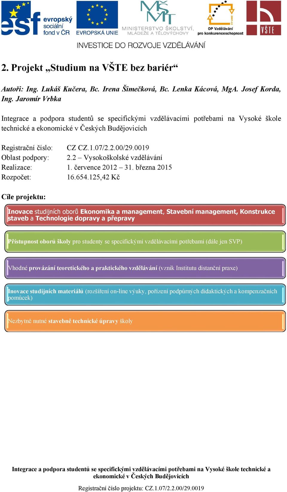 2 Vysokoškolské vzdělávání Realizace: 1. července 2012 31. března 2015 Rozpočet: 16.654.