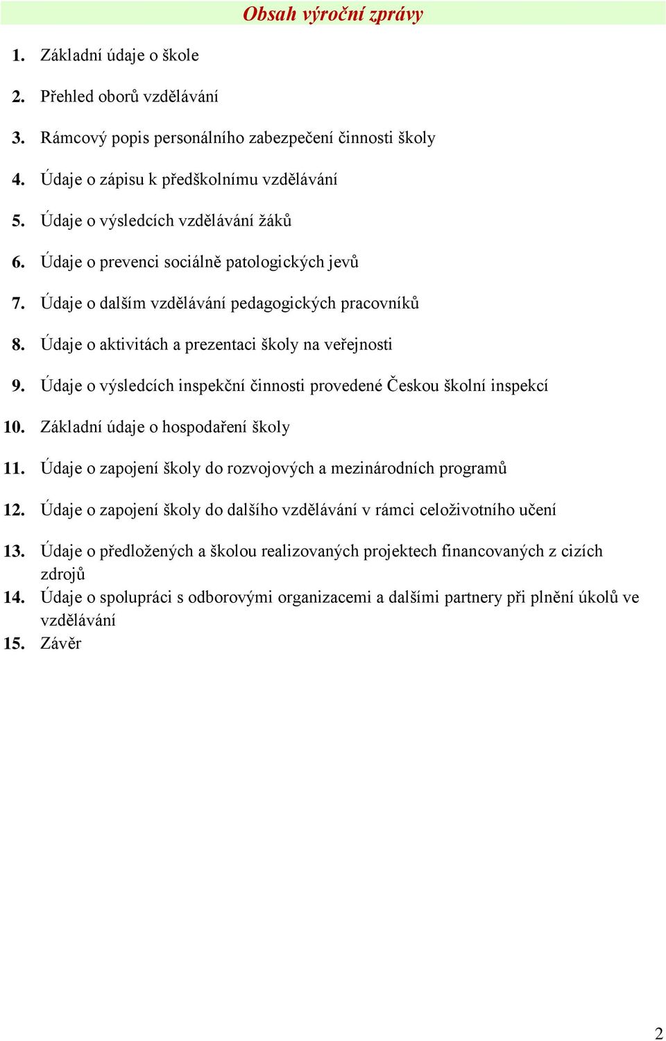 Údaje o výsledcích inspekční činnosti provedené Českou školní inspekcí 10. Základní údaje o hospodaření školy 11. Údaje o zapojení školy do rozvojových a mezinárodních programů 12.