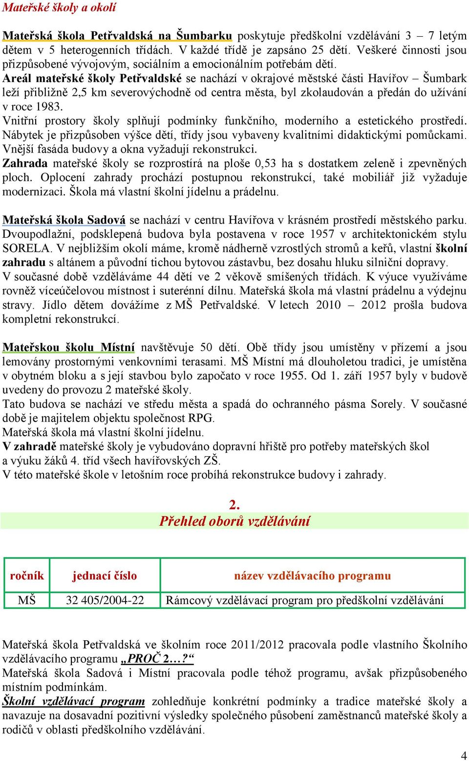 Areál mateřské školy Petřvaldské se nachází v okrajové městské části Havířov Šumbark leží přibližně 2,5 km severovýchodně od centra města, byl zkolaudován a předán do užívání v roce 1983.