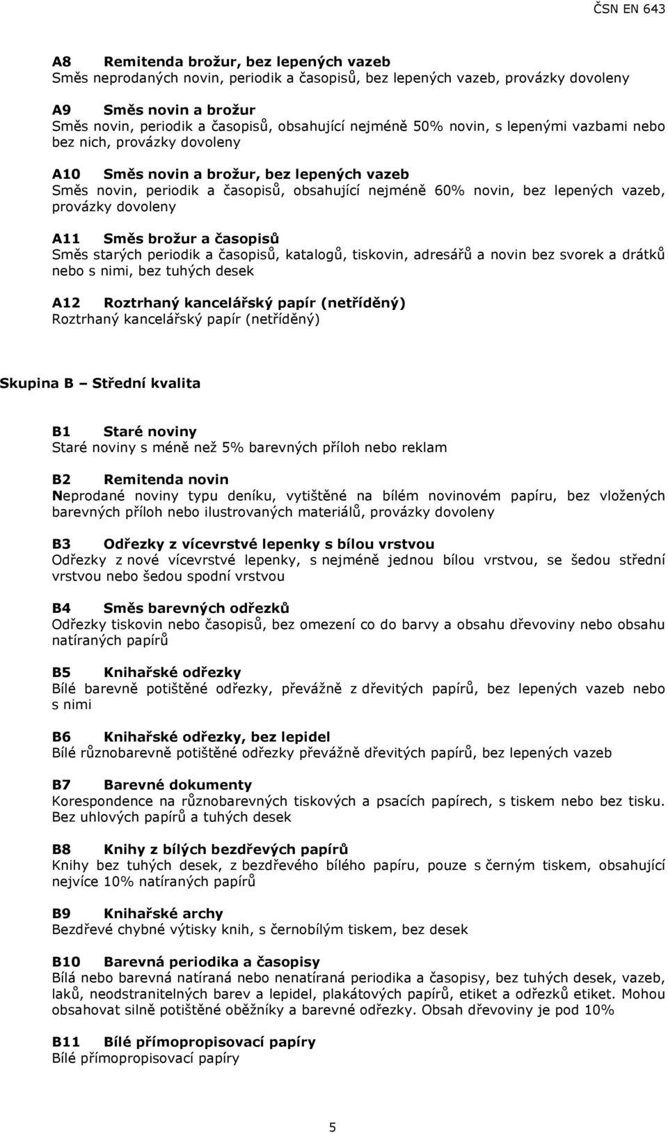 dovoleny A11 Směs brožur a časopisů Směs starých periodik a časopisů, katalogů, tiskovin, adresářů a novin bez svorek a drátků nebo s nimi, bez tuhých desek A12 Roztrhaný kancelářský papír