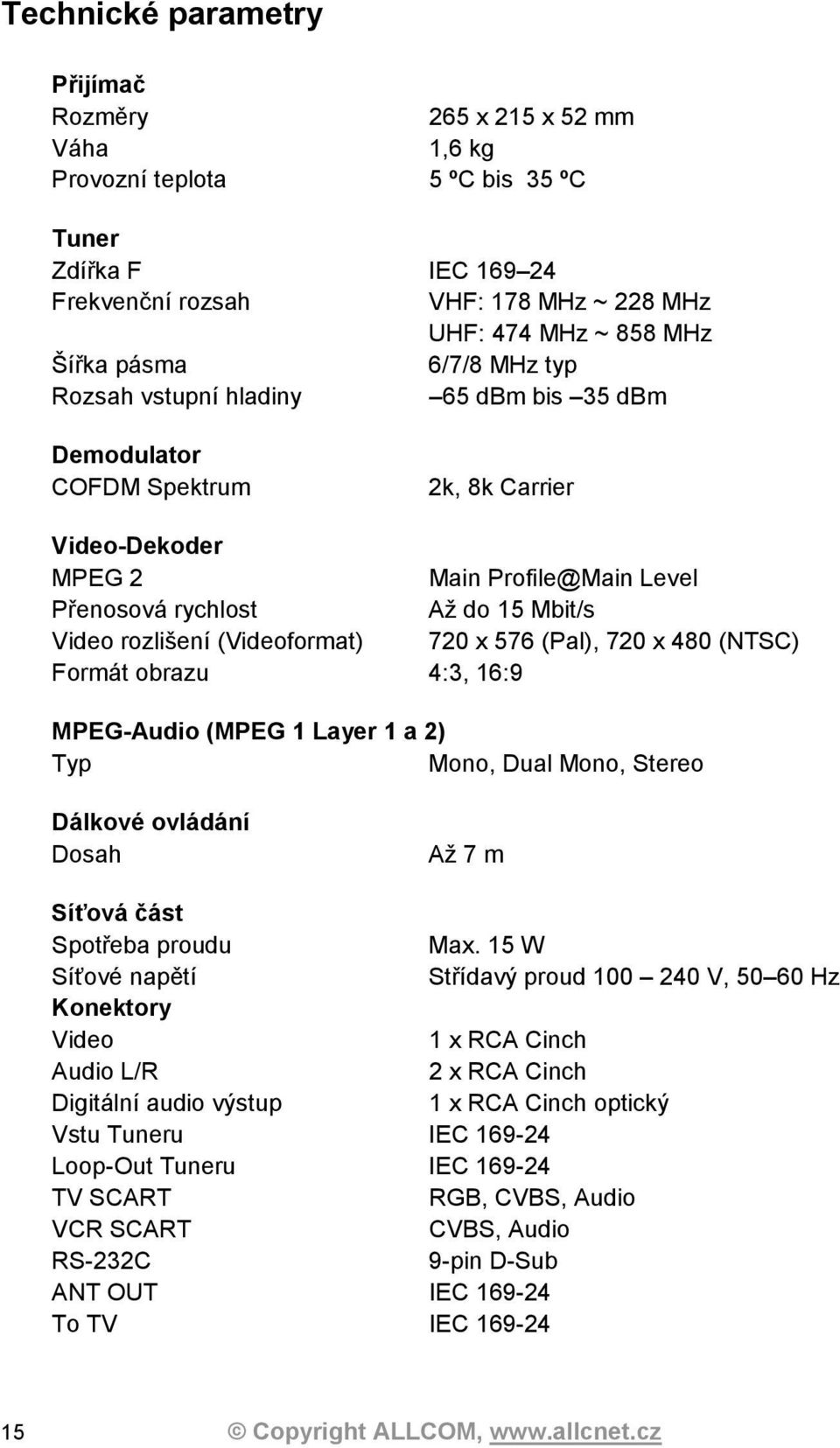 (Videoformat) 720 x 576 (Pal), 720 x 480 (NTSC) Formát obrazu 4:3, 16:9 MPEG-Audio (MPEG 1 Layer 1 a 2) Typ Mono, Dual Mono, Stereo Dálkové ovládání Dosah Až 7 m Síťová část Spotřeba proudu Max.