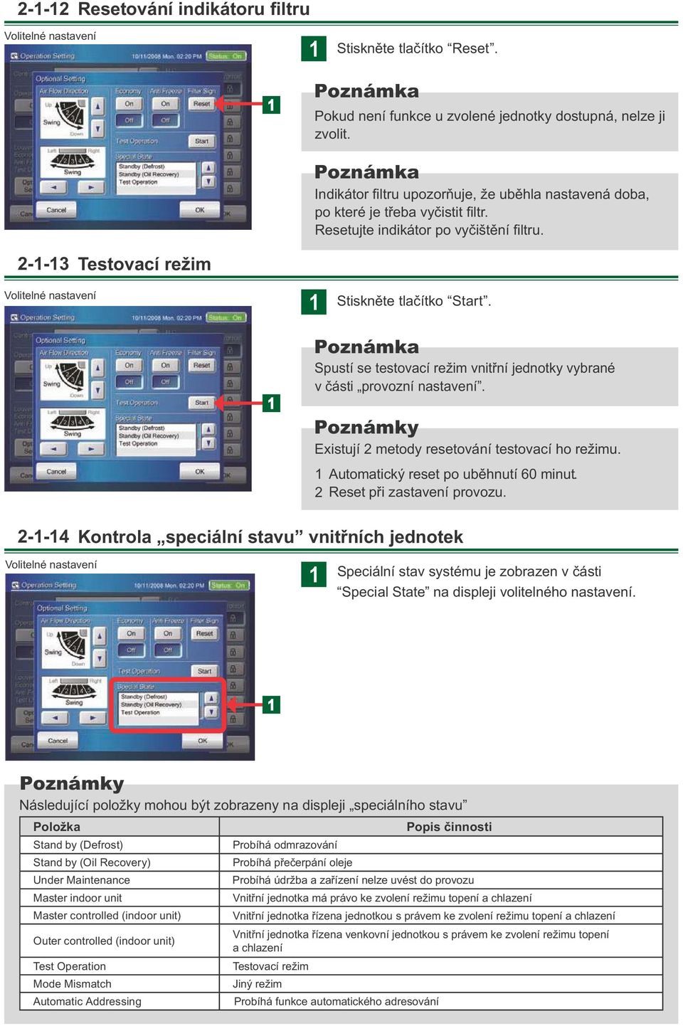 Spstí se testovací režim vnitřní jednotky vybrané v části provozní nastavení. Poznámky Existjí metody resetování testovací ho režim. Atomatický reset po běhntí 60 mint. Reset při zastavení provoz.