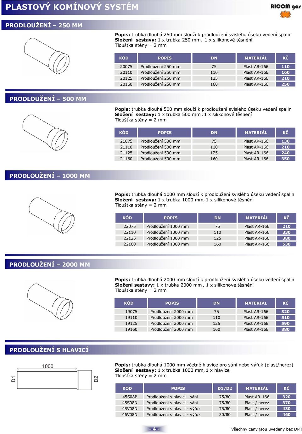 PRODLOUŽENÍ 500 MM Popis: trubka dlouhá 500 mm slouží k prodloužení svislého úseku vedení spalin Složení sestavy: 1 x trubka 500 mm, 1 x silikonové těsnění KÓD POPIS DN MATERIÁL 21075 Prodloužení 500