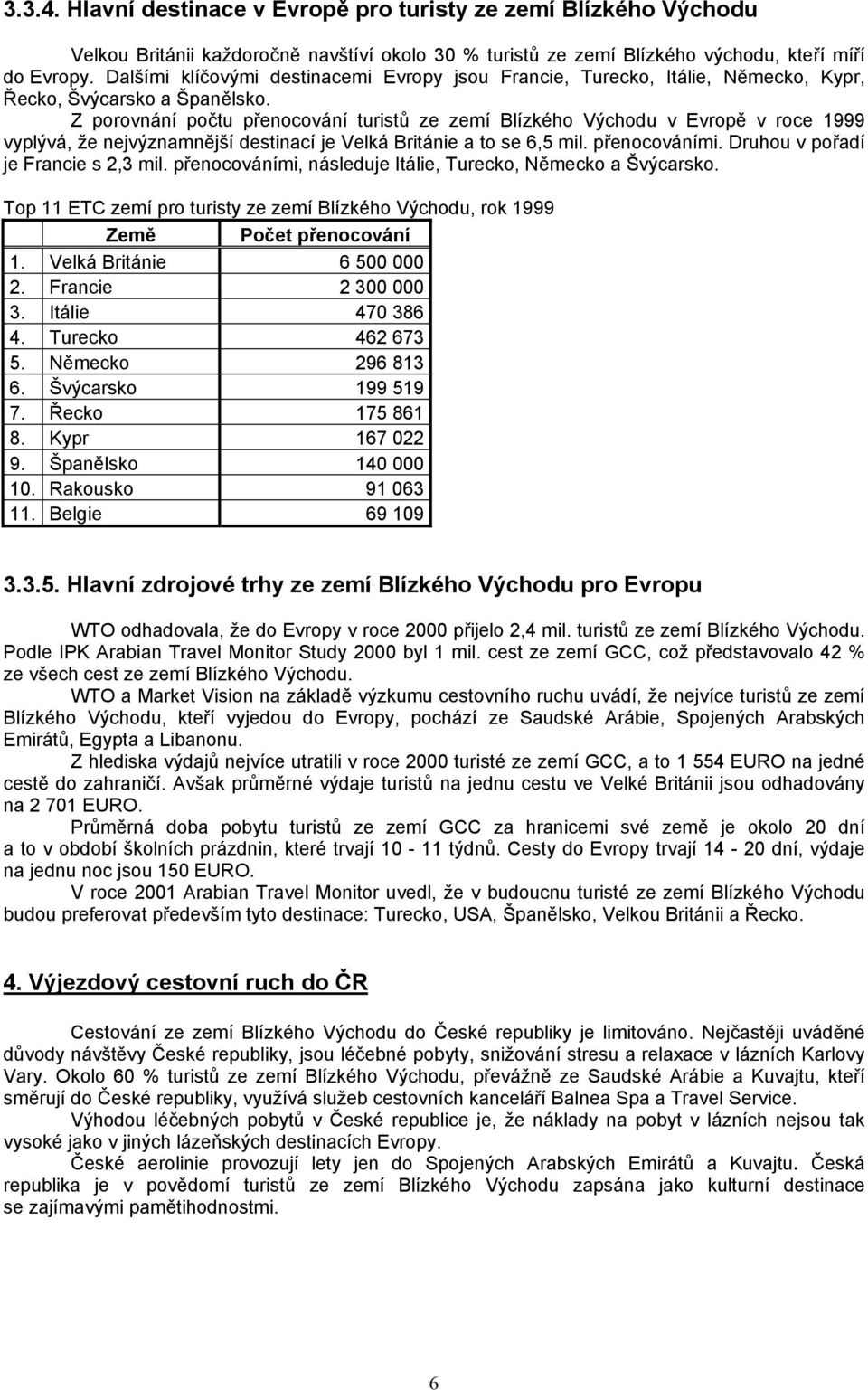 Z porovnání počtu přenocování turistů ze zemí Blízkého Východu v Evropě v roce 1999 vyplývá, že nejvýznamnější destinací je Velká Británie a to se 6,5 mil. přenocováními.