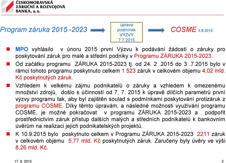 2.2015 do 3.7.2015 bylo v rámci tohoto programu poskytnuto celkem 1 523 záruk v celkovém objemu 4,02 mld. Kč poskytnutých záruk.