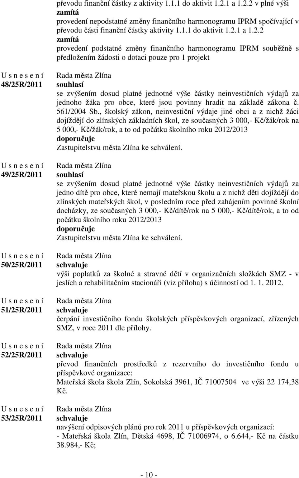 2 v plné výši zamítá provedení nepodstatné změny finančního harmonogramu IPRM spočívající v převodu části finanční částky aktivity 1.1.1 do aktivit 1.2.2 zamítá provedení podstatné změny finančního