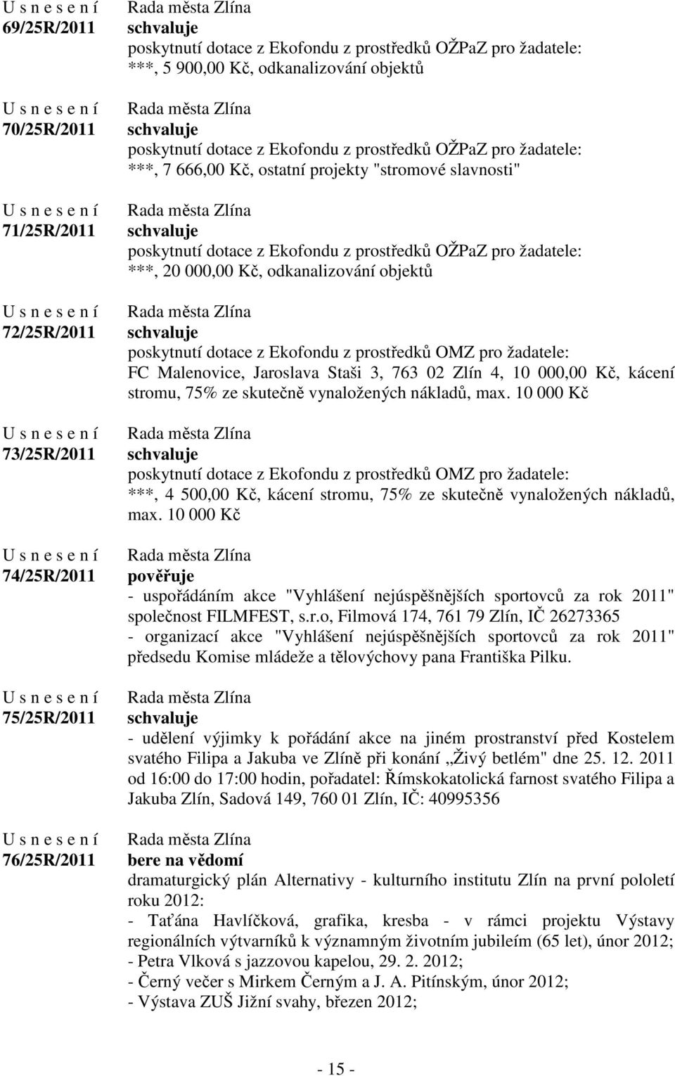 odkanalizování objektů poskytnutí dotace z Ekofondu z prostředků OMZ pro žadatele: FC Malenovice, Jaroslava Staši 3, 763 02 Zlín 4, 10 000,00 Kč, kácení stromu, 75% ze skutečně vynaložených nákladů,