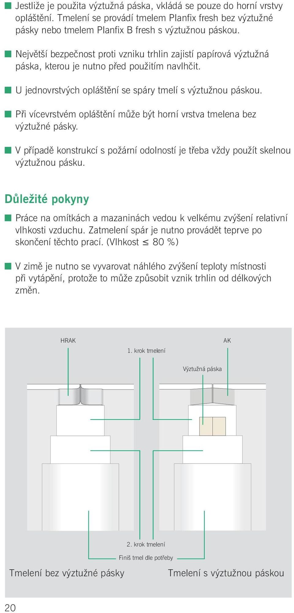 Při vícevrstvém opláštění může být horní vrstva tmelena bez výztužné pásky. V případě konstrukcí s požární odolností je třeba vždy použít skelnou výztužnou pásku.