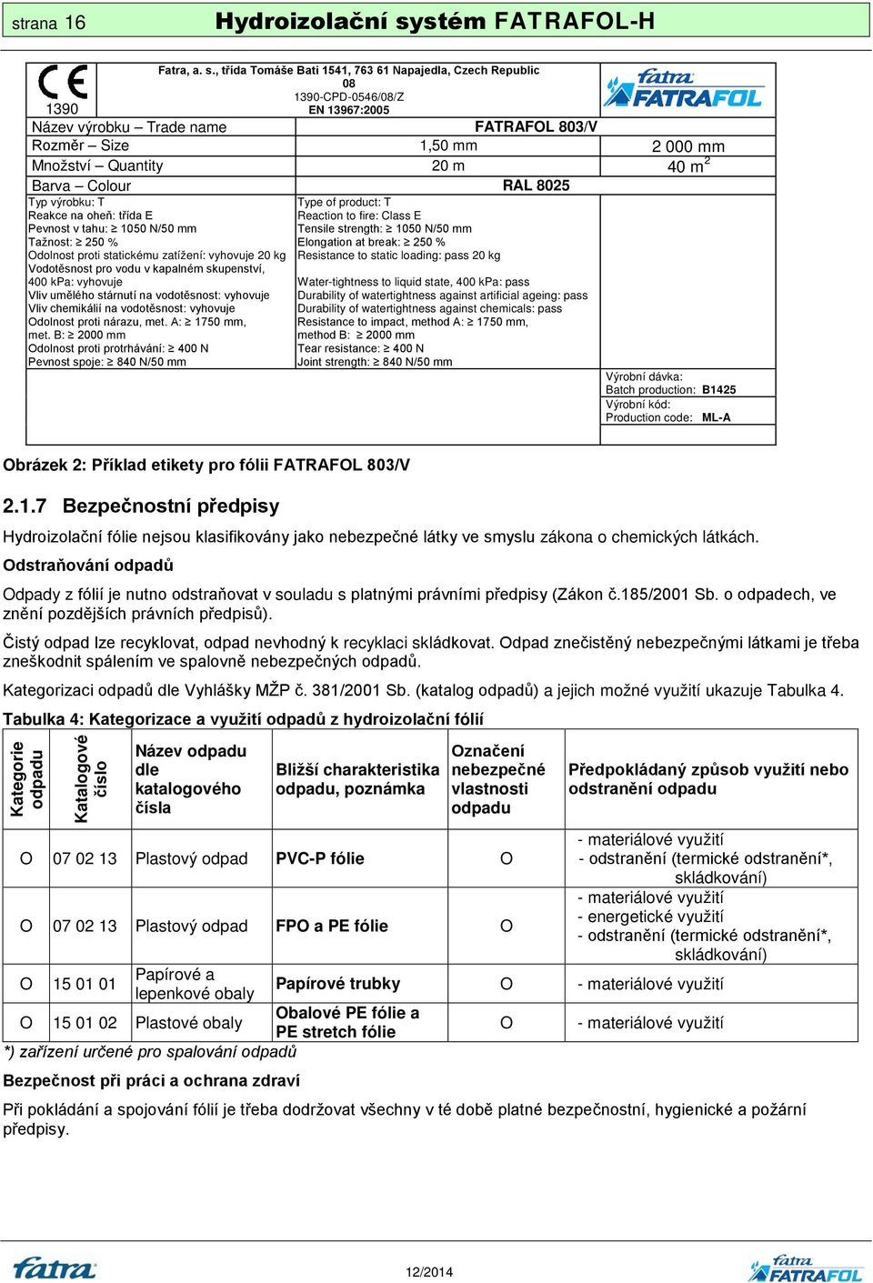 , třída Tomáše Bati 1541, 763 61 Napajedla, Czech Republic 08 1390-CPD-0546/08/Z EN 13967:2005 1390 Název výrobku Trade name FATRAFOL 803/V Rozměr Size 1,50 mm 2 000 mm Množství Quantity 20 m 40 m 2