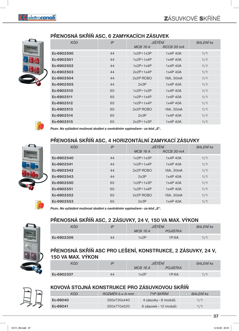 Ec-6902513 65 2x2P RCBO 16A, 30mA 1/1 Ec-6902514 65 2x3P 1x4P 40A 1/1 Ec-6902515 65 2x2P+1x3P 1x4P 40A 1/1 PŘENOSNÁ SKŘÍŇ ASC, 4 HORIZONTÁLNÍ ZAMYKACÍ ZÁSUVKY MCB 16 A RCCB 30 ma Ec-6902540 44