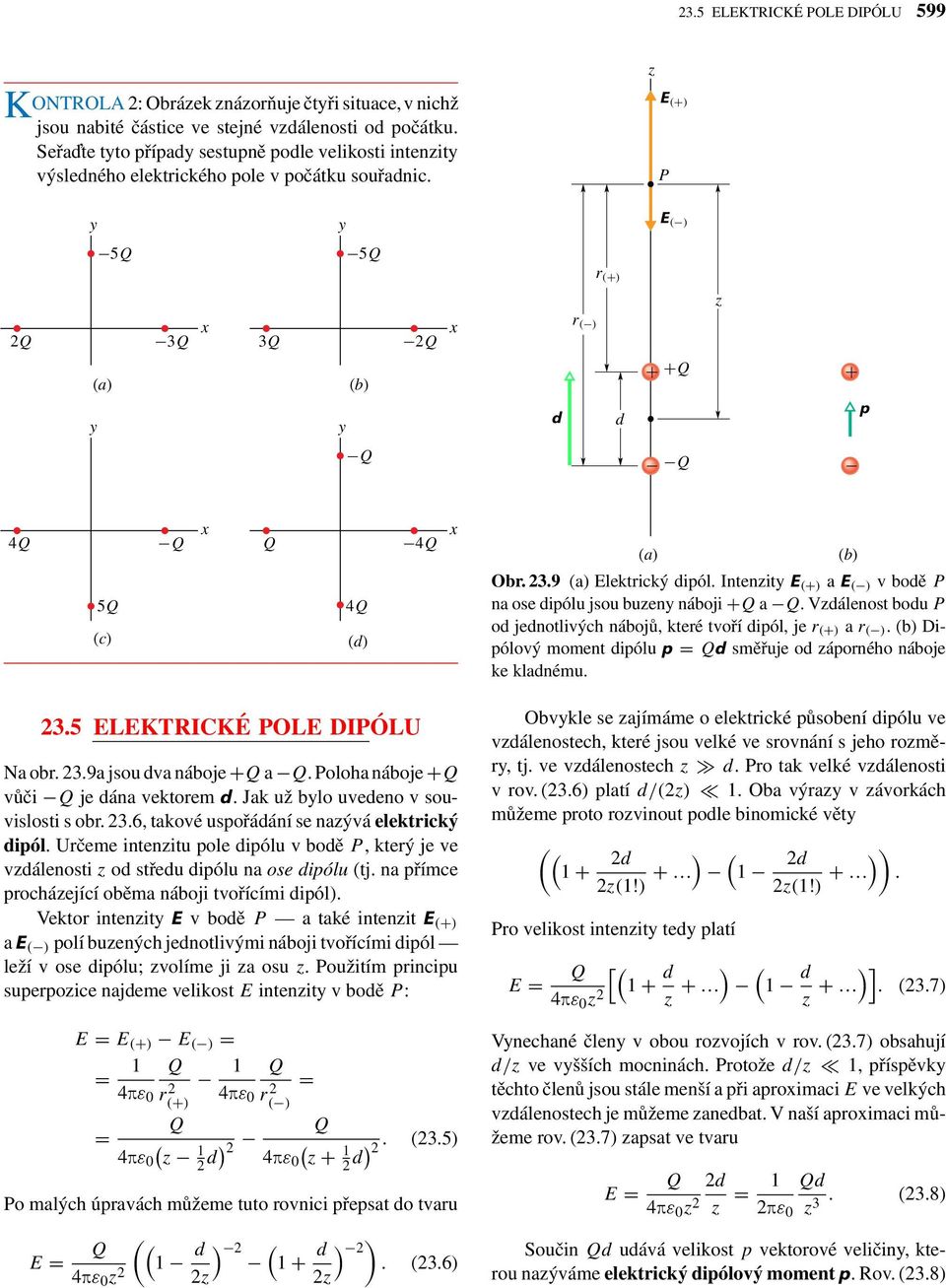 Intenzit E () a E () v boě na ose ipólu jsou buzen náboji Q a. Vzálenost bou o jenotlivých nábojů, které tvoří ipól, je r () a r ().Dipólový moment ipólu p = Q směřuje o záporného náboje ke klanému.