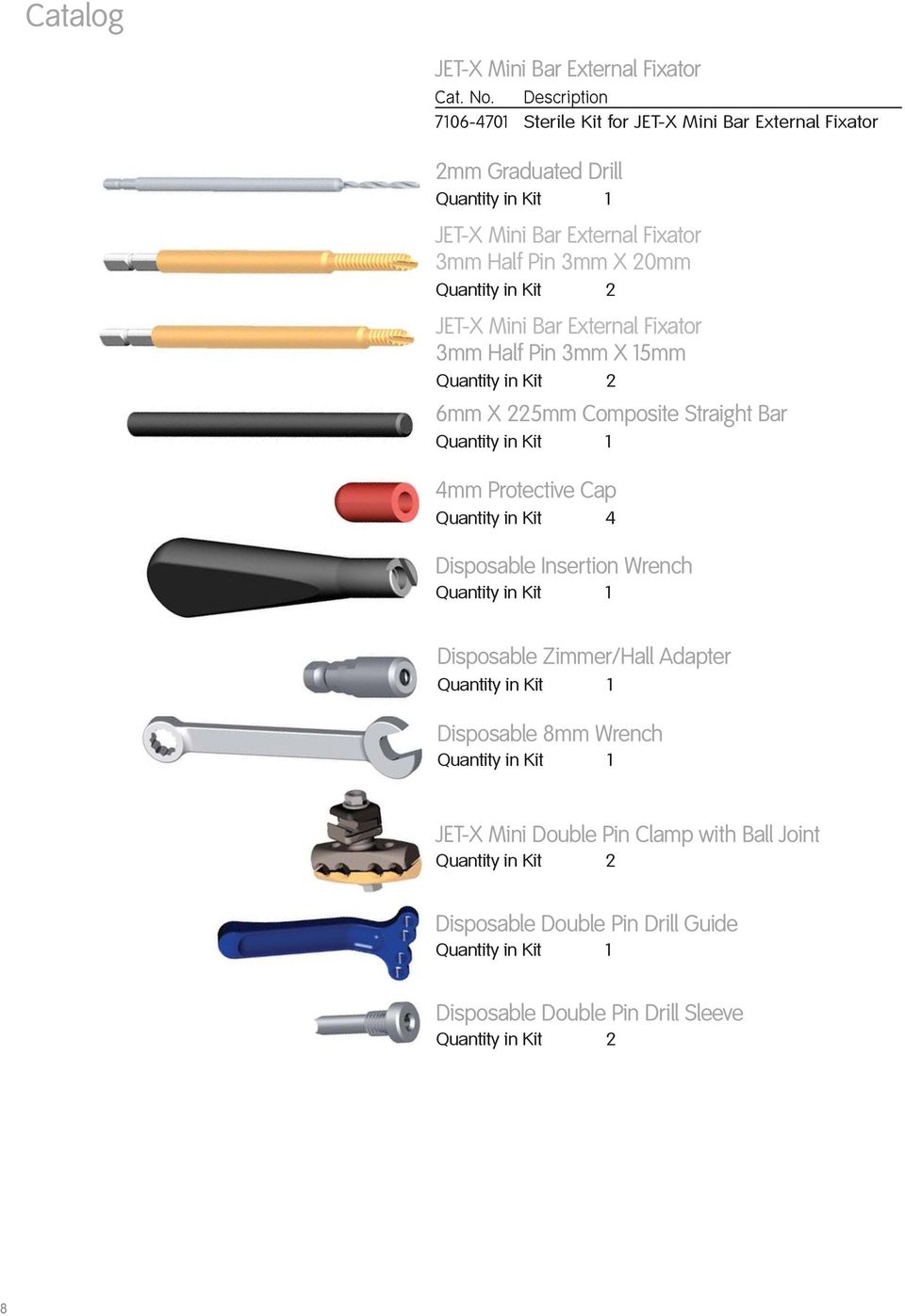 Quantity in Kit 2 JET-X Mini Bar External Fixator 3mm Half Pin 3mm X 15mm Quantity in Kit 2 6mm X 225mm Composite Straight Bar 4mm Protective Cap