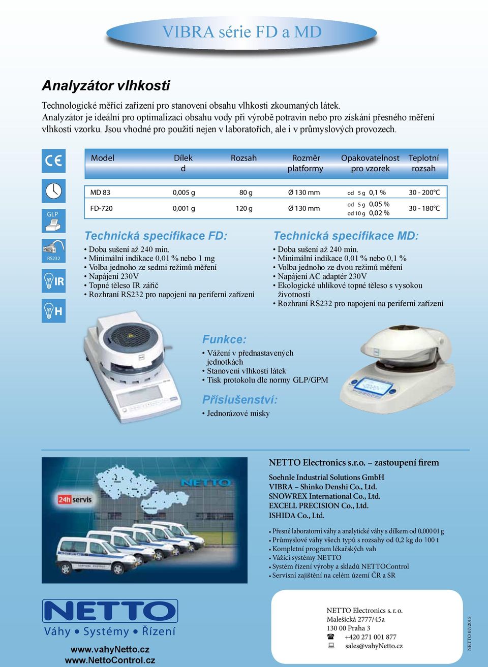 Moel Opakovatelnost pro vzorek Teplotní rozsah MD 8 0,005 g 80 g Ø 10 mm o 5 g 0,1 % 0-200 C FD-720 0,001 g 120 g Ø 10 mm o 5 g 0,05 % o 10 g 0,02 % 0-180 C IR H Technická specifikace FD: Doba sušení