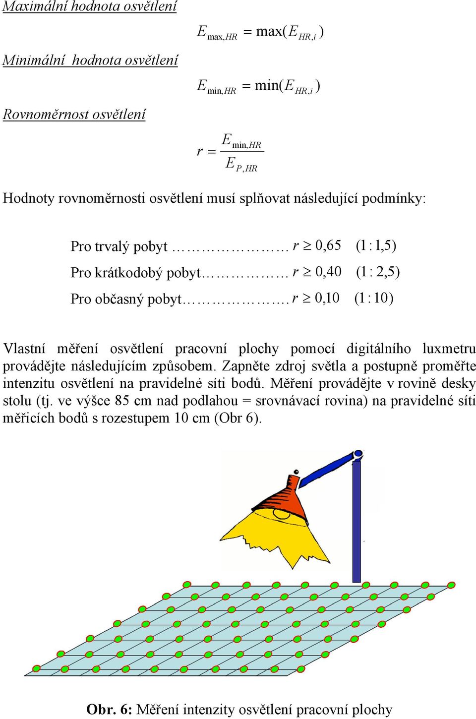 r 0,10 (1:10) Vlastní měření osvětlení pracovní plochy pomocí digitálního luxmetru provádějte následujícím způsobem.