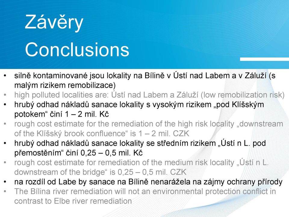 Kč rough cost estimate for the remediation of the high risk locality downstream of the Klíšský brook confluence is 1 2 mil. CZK hrubý odhad nákladů sanace lokality se středním rizikem Ústí n L.