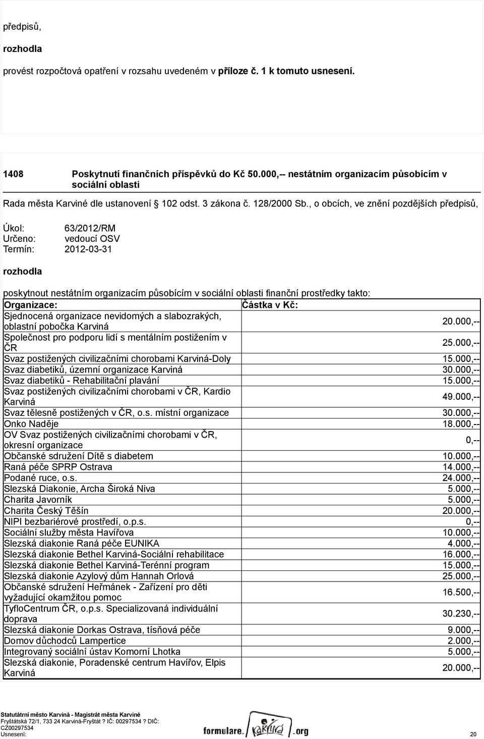 , o obcích, ve znění pozdějších předpisů, Úkol: 63/2012/RM Určeno: vedoucí OSV Termín: 2012-03-31 rozhodla poskytnout nestátním organizacím působícím v sociální oblasti finanční prostředky takto: