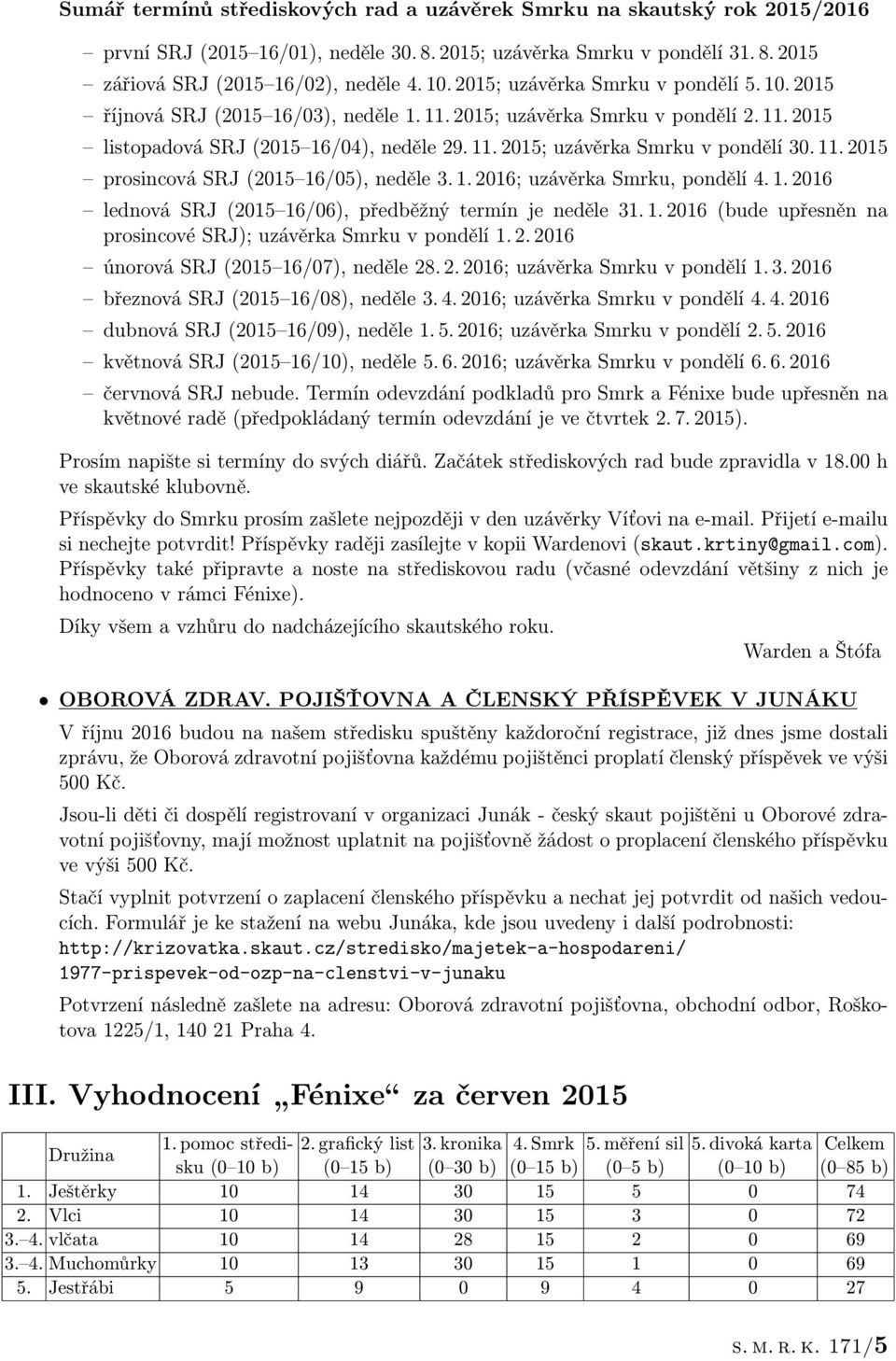 11. 2015 prosincová SRJ (2015 16/05), neděle 3. 1. 2016; uzávěrka Smrku, pondělí 4. 1. 2016 lednová SRJ (2015 16/06), předběžný termín je neděle 31. 1. 2016 (bude upřesněn na prosincové SRJ); uzávěrka Smrku v pondělí 1.