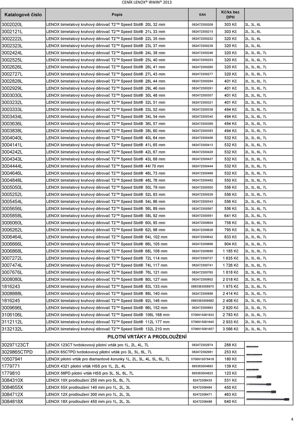 3002424L LENOX bimetalový kruhový děrovač T2 Speed Slot 24L 38 mm 082472300246 320 Kč 2L, 3L, 6L, 7L 3002525L LENOX bimetalový kruhový děrovač T2 Speed Slot 25L 40 mm 082472300253 320 Kč 2L, 3L, 6L,