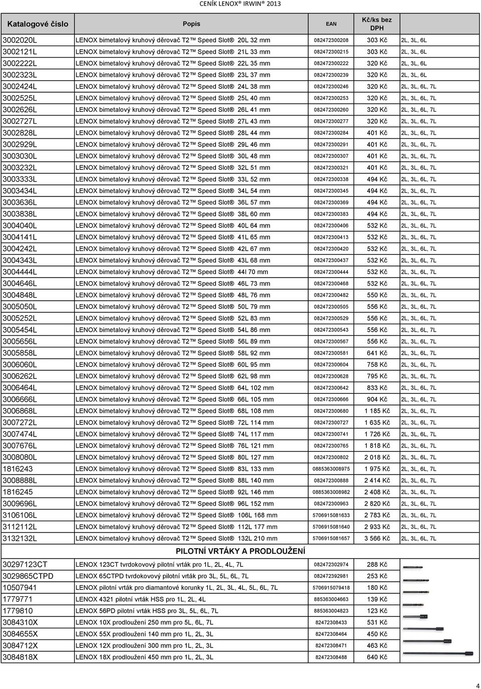 3002424L LENOX bimetalový kruhový děrovač T2 Speed Slot 24L 38 mm 082472300246 320 Kč 2L, 3L, 6L, 7L 3002525L LENOX bimetalový kruhový děrovač T2 Speed Slot 25L 40 mm 082472300253 320 Kč 2L, 3L, 6L,