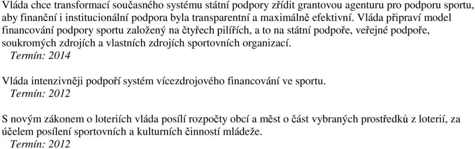 Vláda připraví model financování podpory sportu založený na čtyřech pilířích, a to na státní podpoře, veřejné podpoře, soukromých zdrojích a vlastních