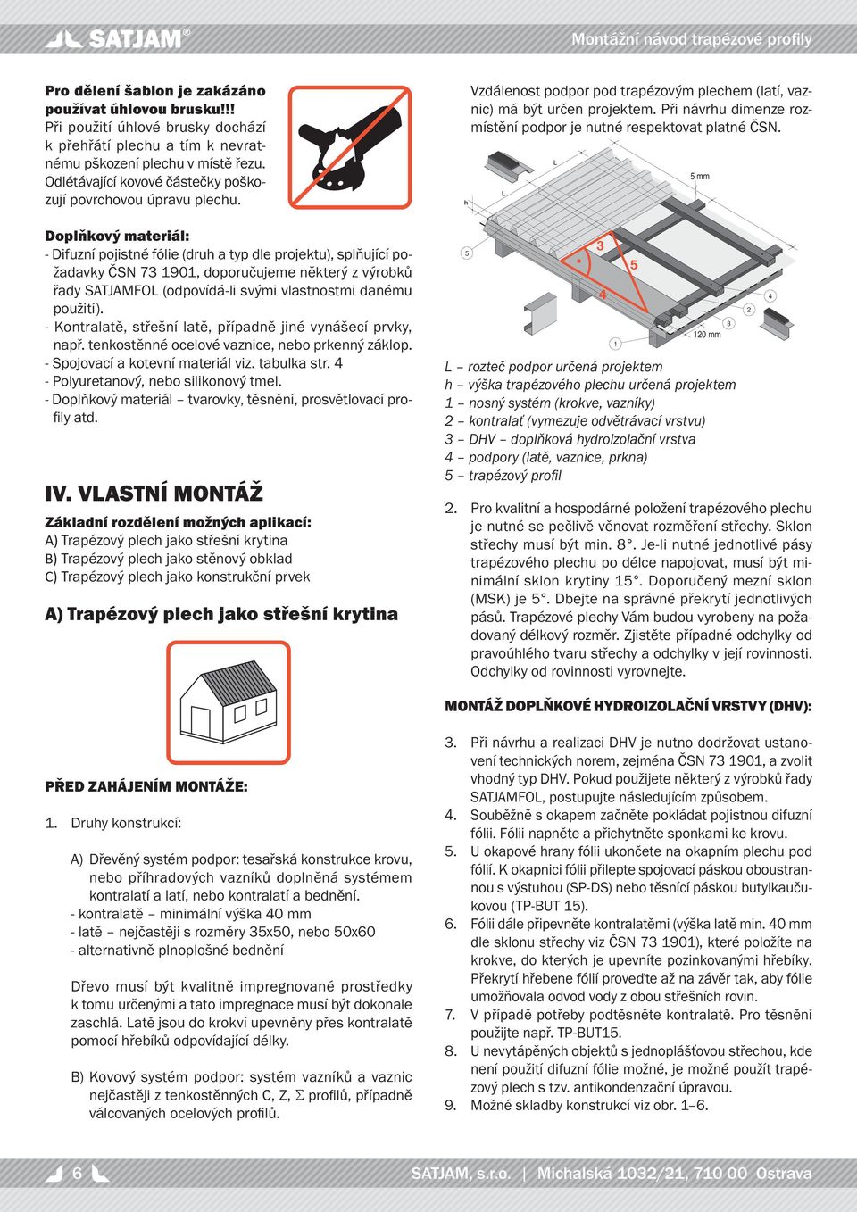 Doplňkový materiál: - Difuzní pojistné fólie (druh a typ dle projektu), splňující požadavky ČN 7 90, doporučujeme některý z výrobků řady ATJAMOL (odpovídá-li svými vlastnostmi danému použití).