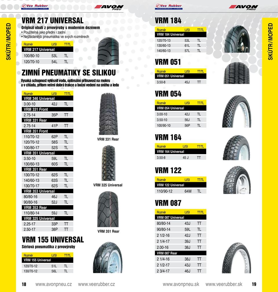 chladu, přitom velmi dobrá trakce a boční vedení na sněhu a ledu VRM 051 Universal 3.50-8 45J TT VRM 346 Universal 3.00-10 42J TL VRM 331 Front 2.75-14 35P TT VRM 331 Rear 2.