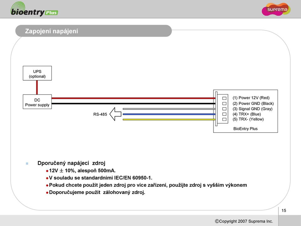 napájecí zdroj 12V ± 10%, alespoň 500mA. V souladu se standardními IEC/EN 60950-1.