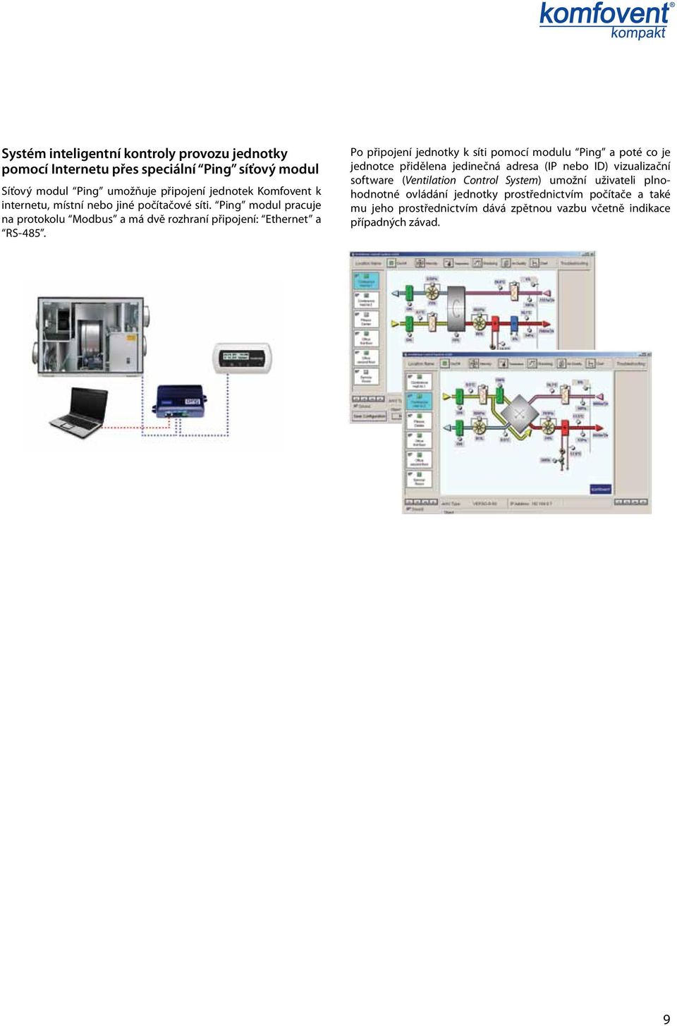 Po připojení jednotky k síti pomocí modulu Ping a poté co je jednotce přidělena jedinečná adresa (IP nebo I) vizualizační software (Ventilation ontrol