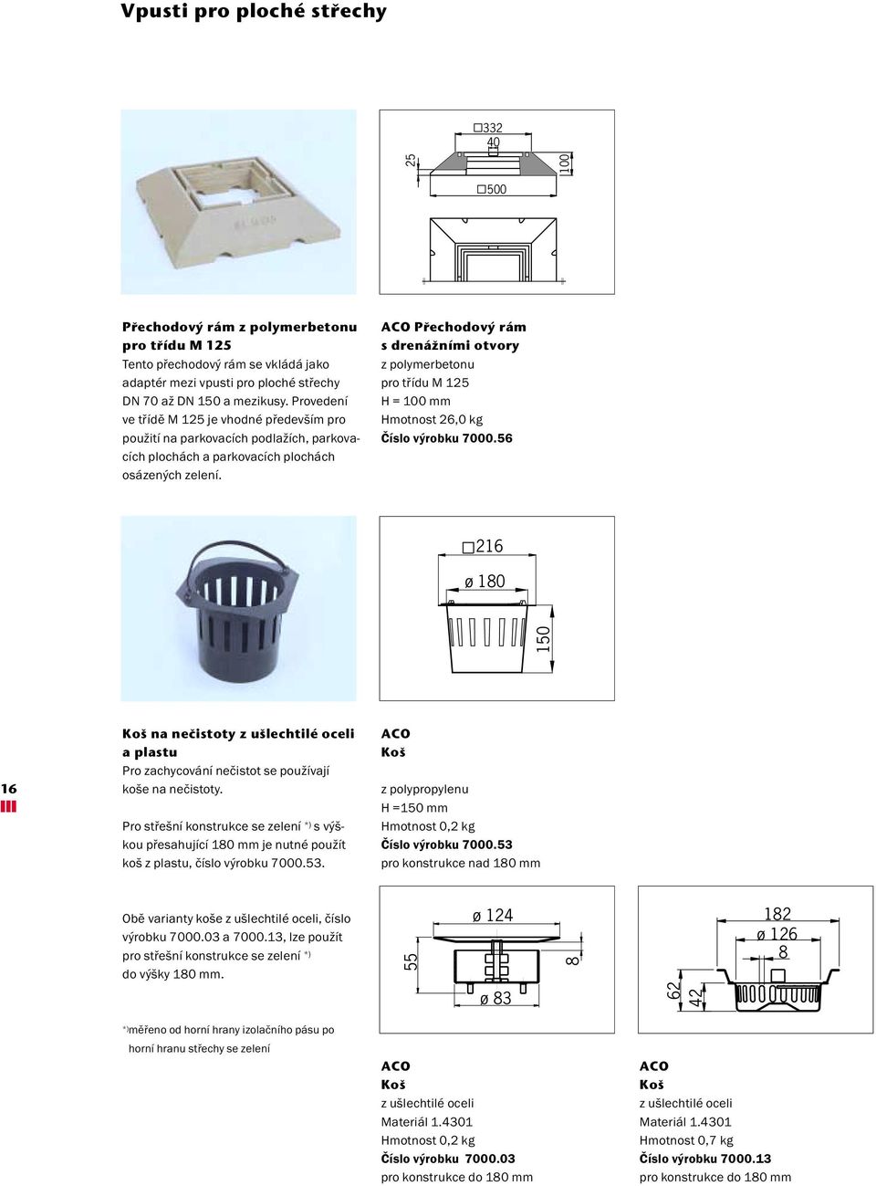 ACO Pfiechodov rám s drenáïními otvory pro třídu M 125 H = 0 mm Hmotnost 26,0 kg Číslo výrobku 7000.