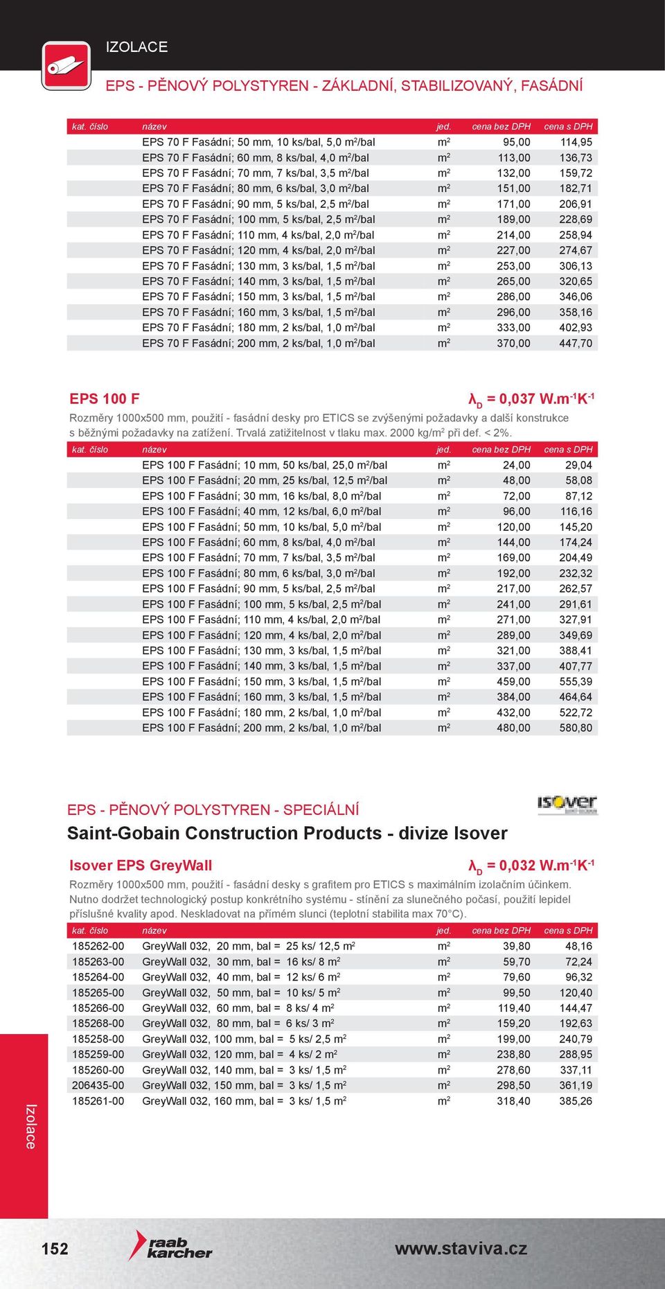 Fasádní; 100 mm, 5 ks/bal, 2,5 m 2 /bal m 2 189,00 228,69 EPS 70 F Fasádní; 110 mm, 4 ks/bal, 2,0 m 2 /bal m 2 214,00 258,94 EPS 70 F Fasádní; 120 mm, 4 ks/bal, 2,0 m 2 /bal m 2 227,00 274,67 EPS 70